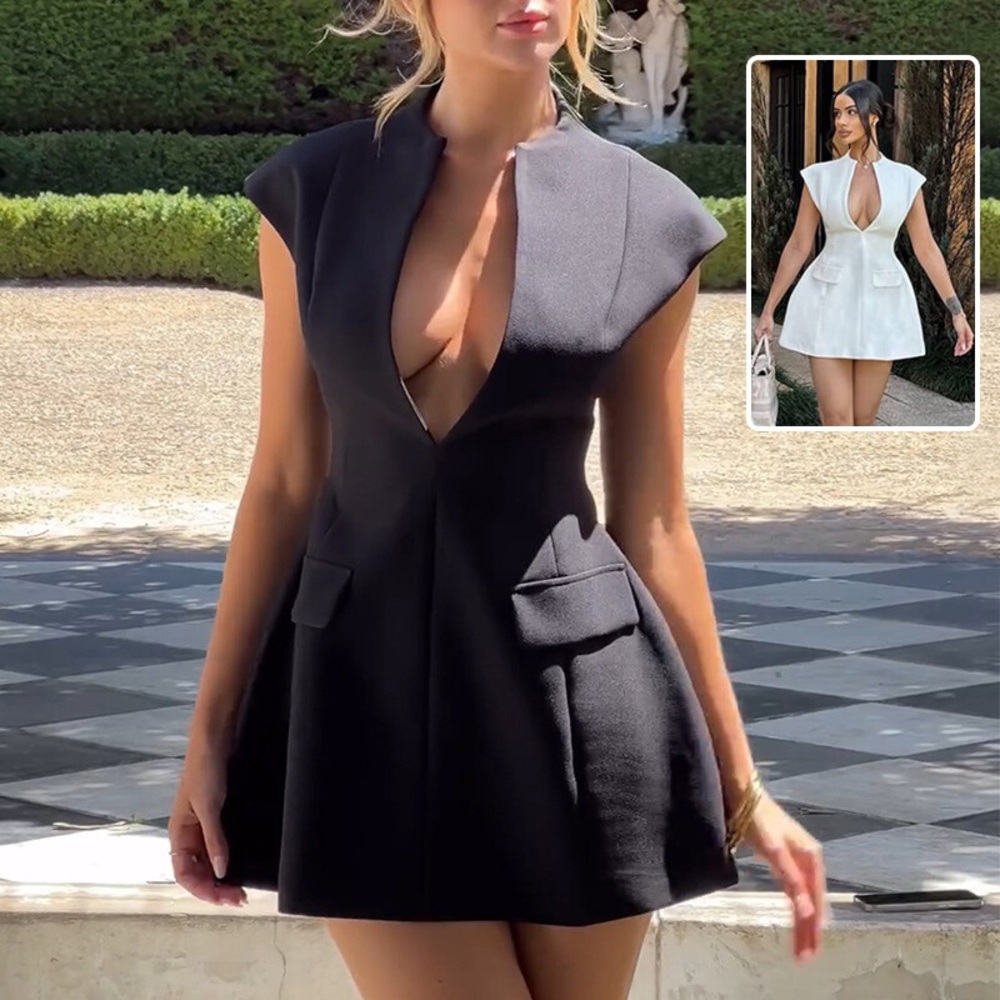 Cherley black cap-sleeve mini dress with front pockets